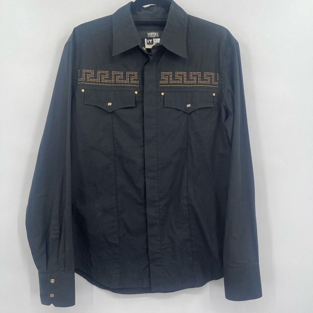 Versace Black Gold Long Sleeve Embellished Beads Button Down Shirt Large